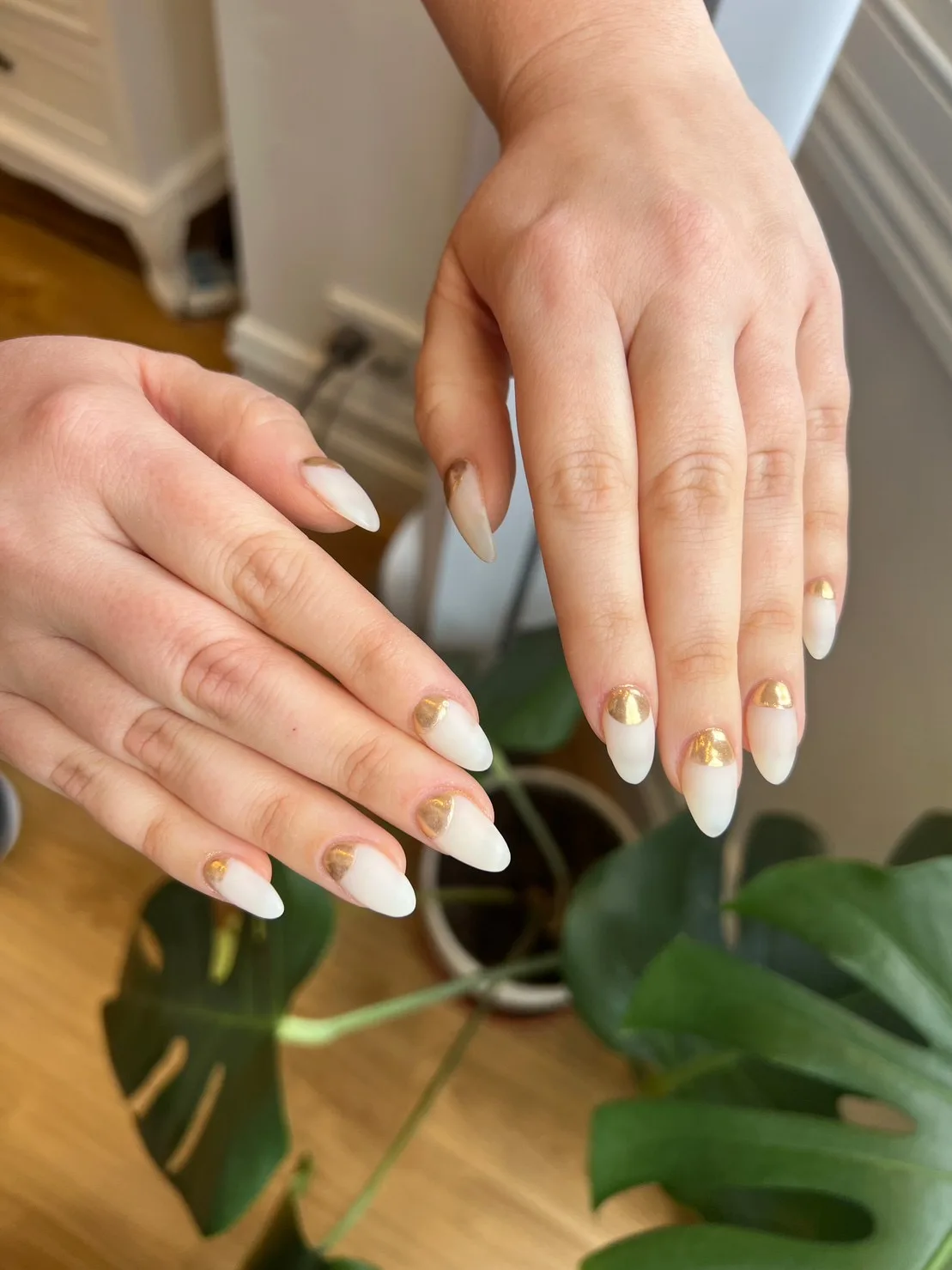 White nails with gold half-moon accents, two hands above a monstera plant on the salon floor